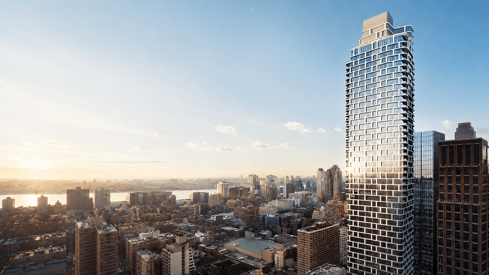 Aerial view of an urban tower at sunrise